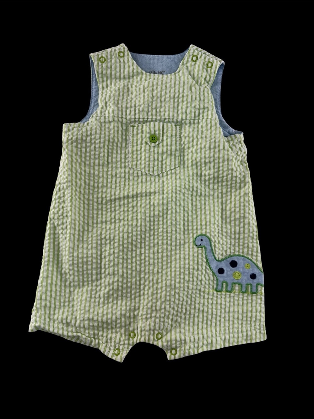 Little Me Green and White Striped Baby Jon Jon Romper with Dinosaur Motif